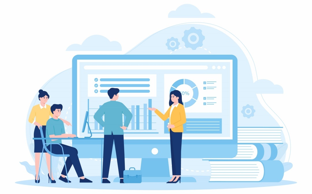 Business sale due diligence, represented by illustration of business people studying charts and graphs