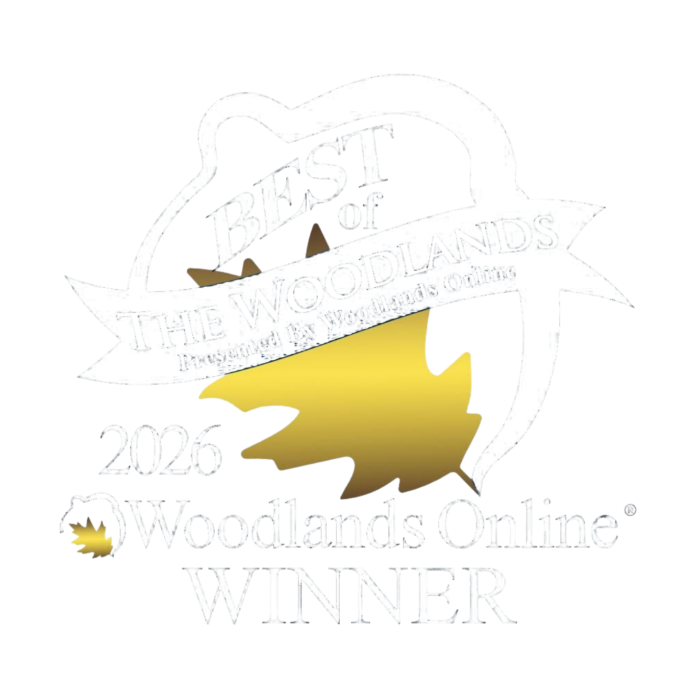 Best of The Woodlands 2026 Winner badge presented by Woodlands Online, featuring gold maple leaf design