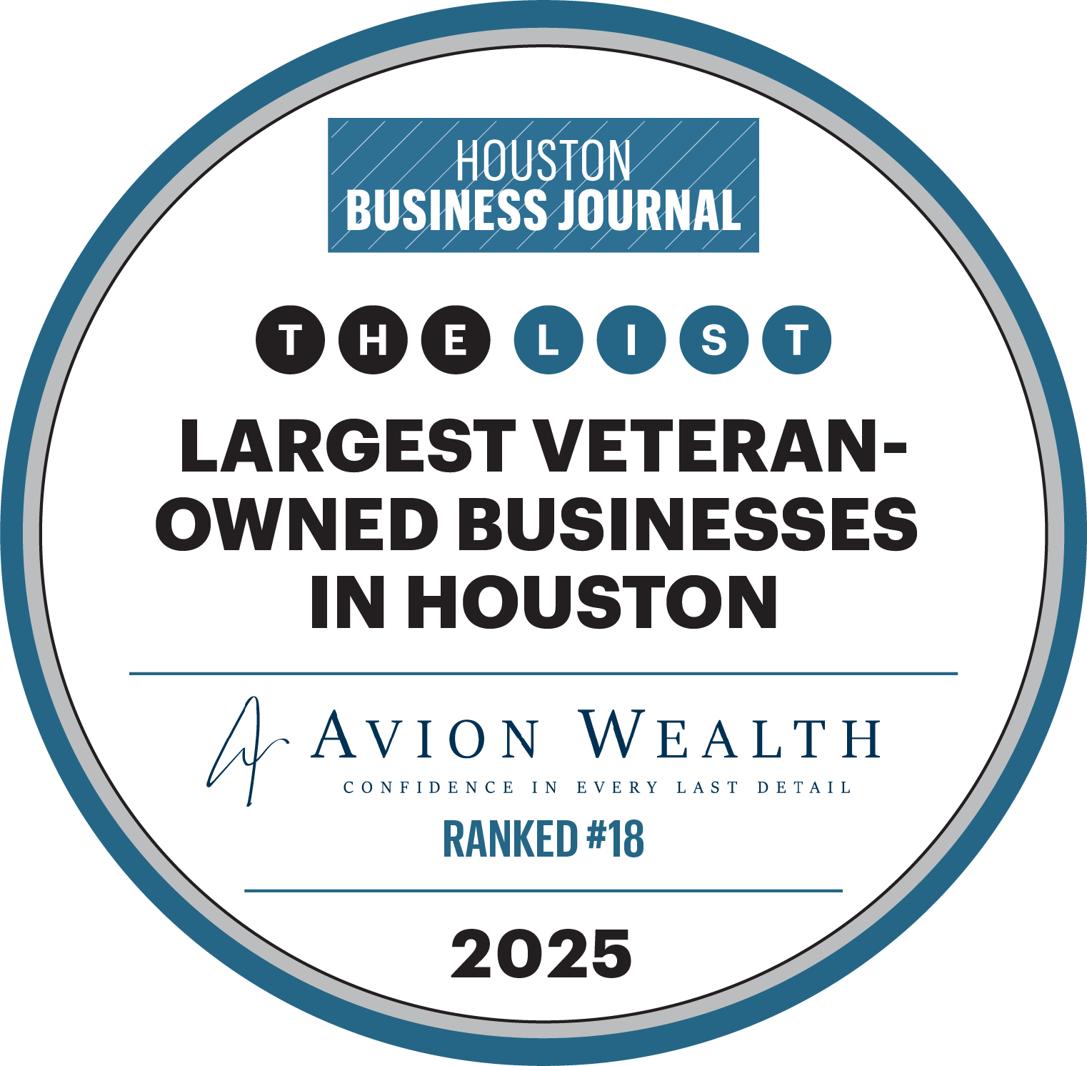 Avion Wealth ranked #18 on Houston Business Journal's 2025 list of Largest Veteran-Owned Businesses in Houston.