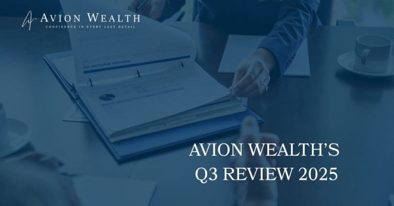 Avion Wealth Q3 2025 Review banner with advisor reviewing portfolio risk report during client meeting