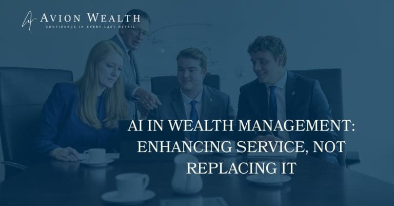 Avion Wealth advisors discuss AI in wealth management, enhancing service and client relationships around a conference table.
