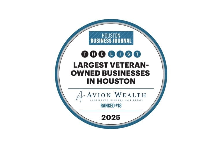 Houston Business Journal 2025 badge ranking Avion Wealth #18 among largest veteran-owned businesses in Houston