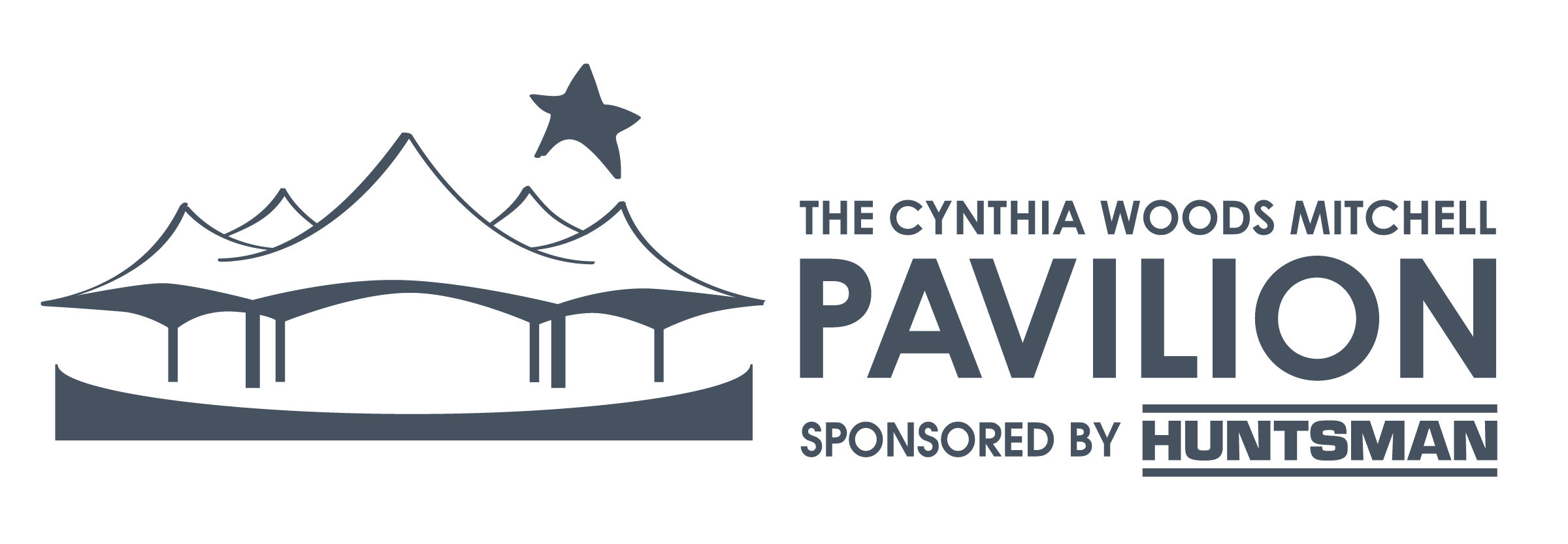 Logo for The Cynthia Woods Mitchell Pavilion, sponsored by Huntsman, featuring a tent-like structure and star icon.