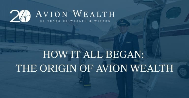 Pilot in uniform standing by private jet, Avion Wealth 20th anniversary graphic on origin story banner
