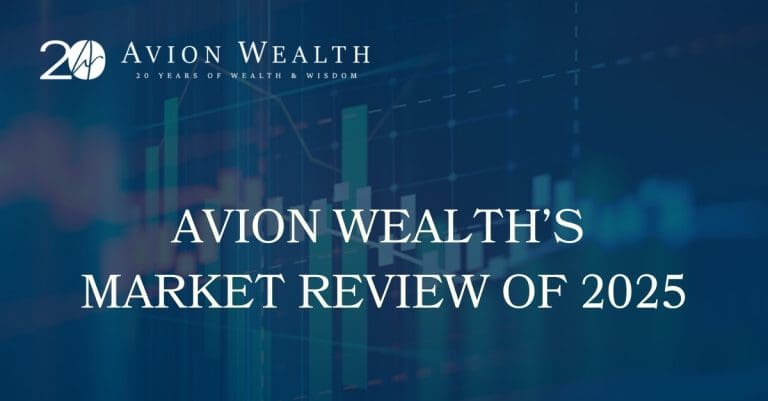 Avion Wealth logo with stock market chart background, title reads Avion Wealth's Market Review of 2025