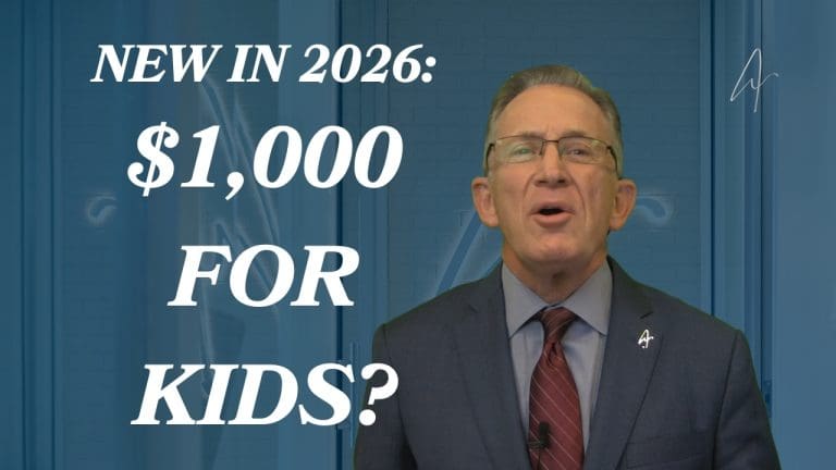 Man in suit and glasses discusses New in 2026: $1,000 for Kids? financial program on video thumbnail.