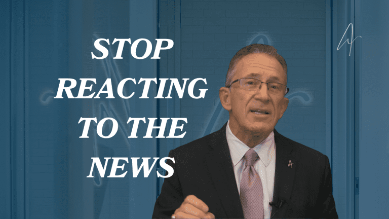 Man in suit and glasses speaking on camera with bold text overlay reading Stop Reacting to the News