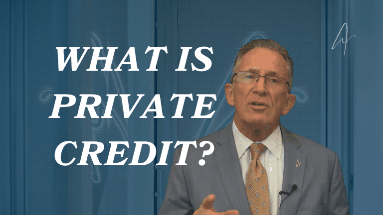 Man in gray suit and gold tie explains What Is Private Credit? in a video thumbnail with blue background.