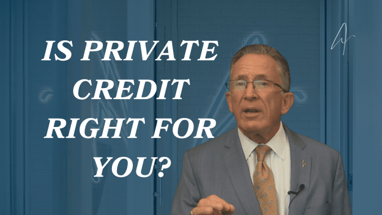 Man in gray suit and tie speaking on camera, with text overlay Is Private Credit Right for You?