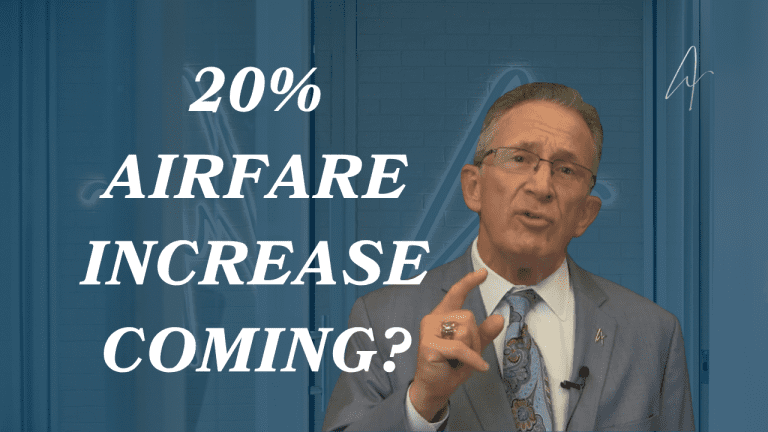 Man in suit gesturing while discussing 20% Airfare Increase Coming? text overlay on video thumbnail.