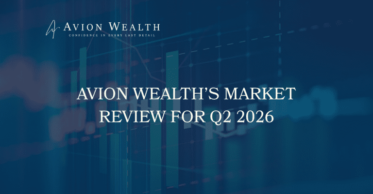 Avion Wealth Q2 2026 market review title slide with blue financial chart background and company logo