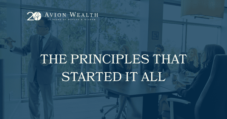 Avion Wealth 20th anniversary banner: advisor at whiteboard leads client meeting, text The Principles That Started It All