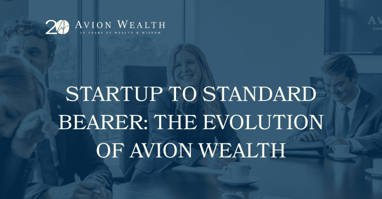 Avion Wealth team meeting in a conference room with title Startup to Standard Bearer: The Evolution of Avion Wealth