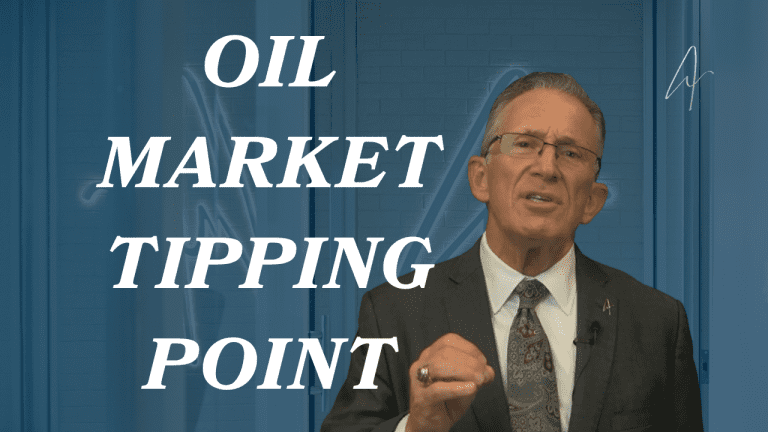 Man in dark suit and patterned tie speaking on camera beside bold text reading Oil Market Tipping Point