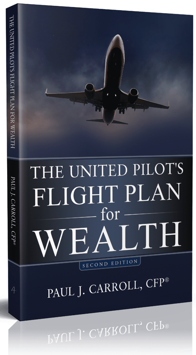 Book cover of The United Pilot's Flight Plan for Wealth, Second Edition by Paul J. Carroll, CFP, with a jet in flight