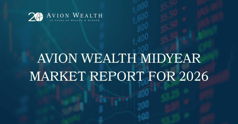 Avion Wealth Midyear Market Report for 2026 title over a blue stock market chart background with company logo