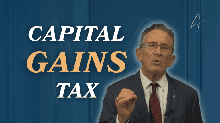 Man in suit and glasses explaining capital gains tax concept with bold text overlay on blue background